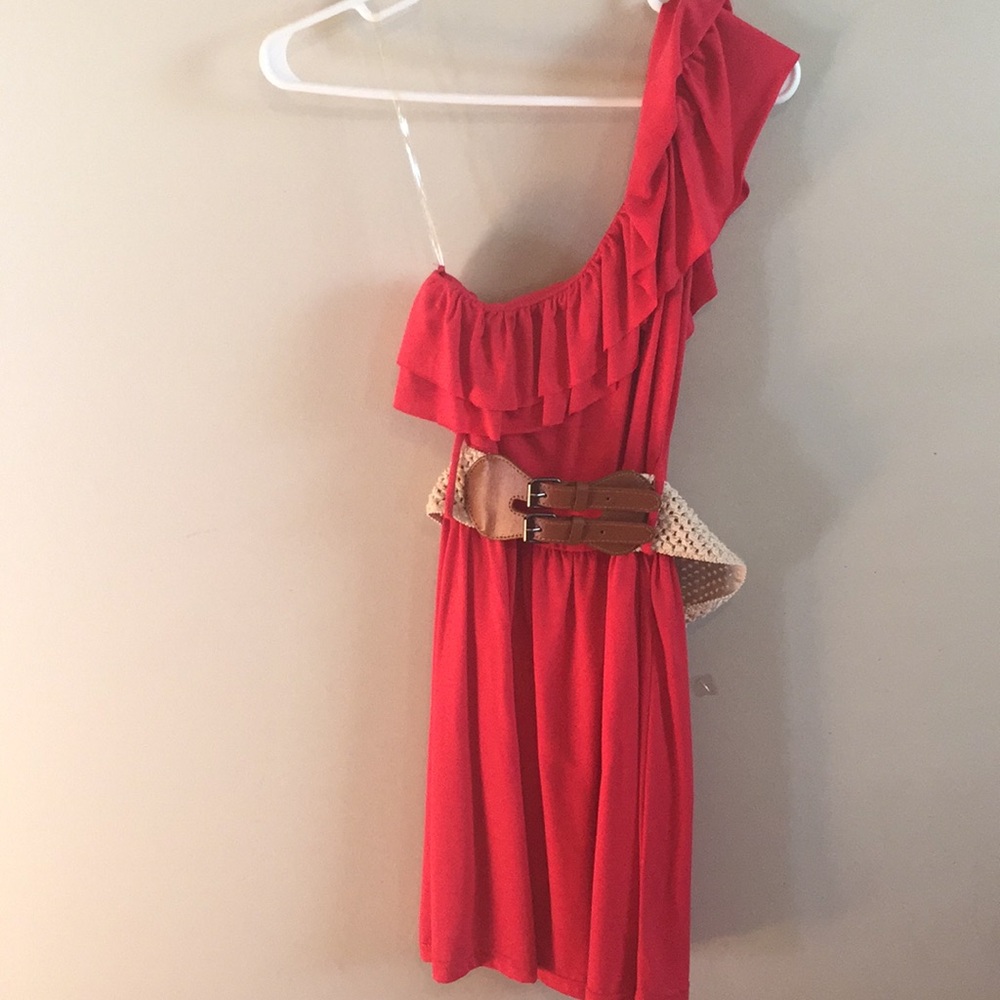 Off the shoulder dress with belt.